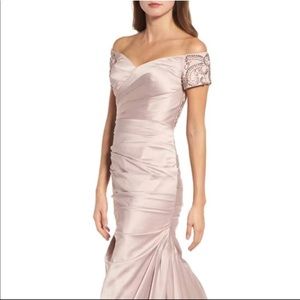 Beaded Back Off The Shoulder Mermaid Gown